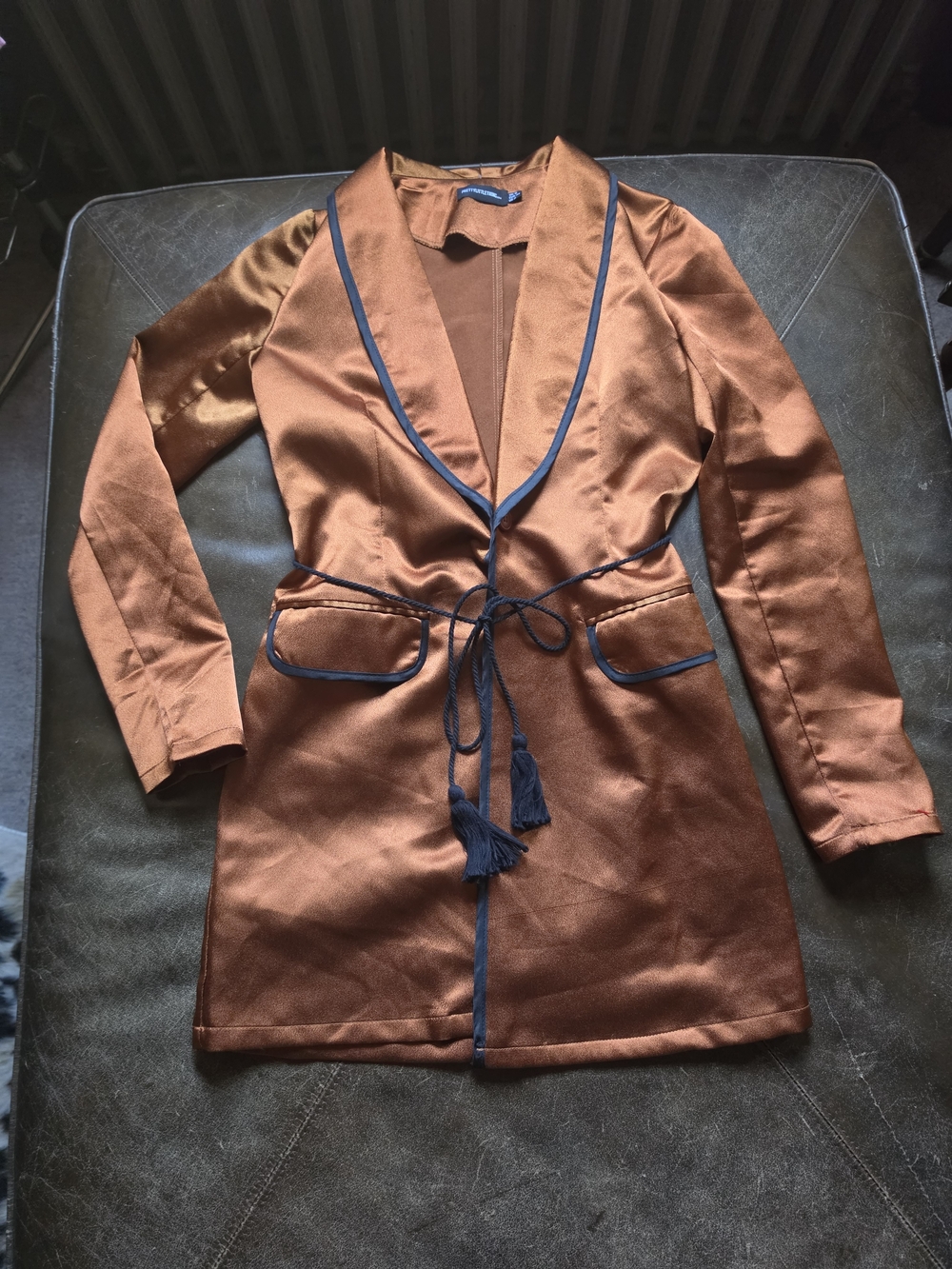 PrettyLittleThing Rust/Copper Satin Blazer Dress Contrast Piping Rope Belt NWOT